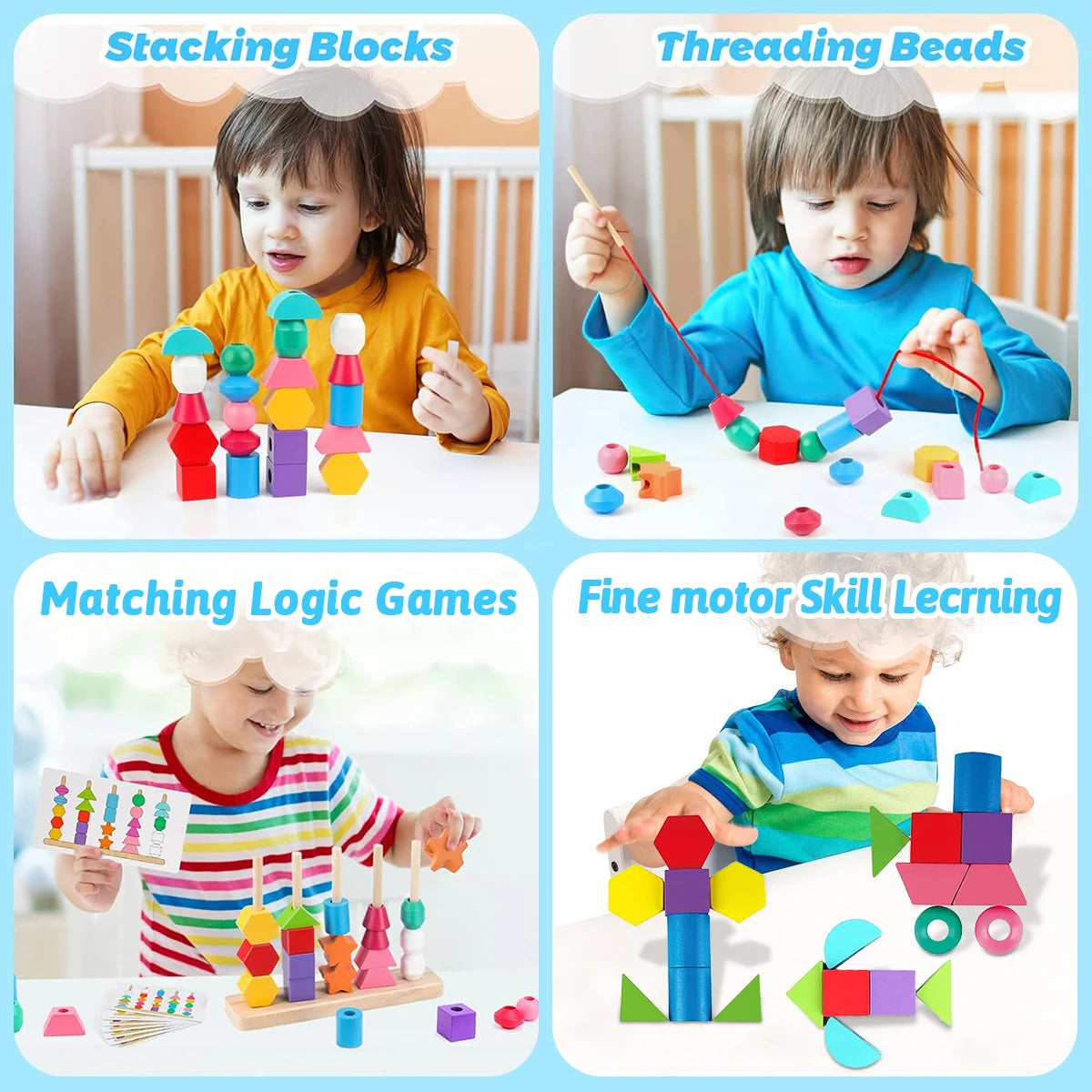 Cuentas de madera Montessori, juguete de secuencia, bloques de apilamiento, cuentas de cordones y apilador de formas a juego, juguetes de aprendizaje Montessori, regalos