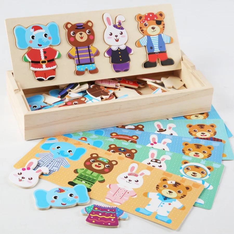 Oso de Madera con Ropa – Juego de Asociación y Expresión Emocional