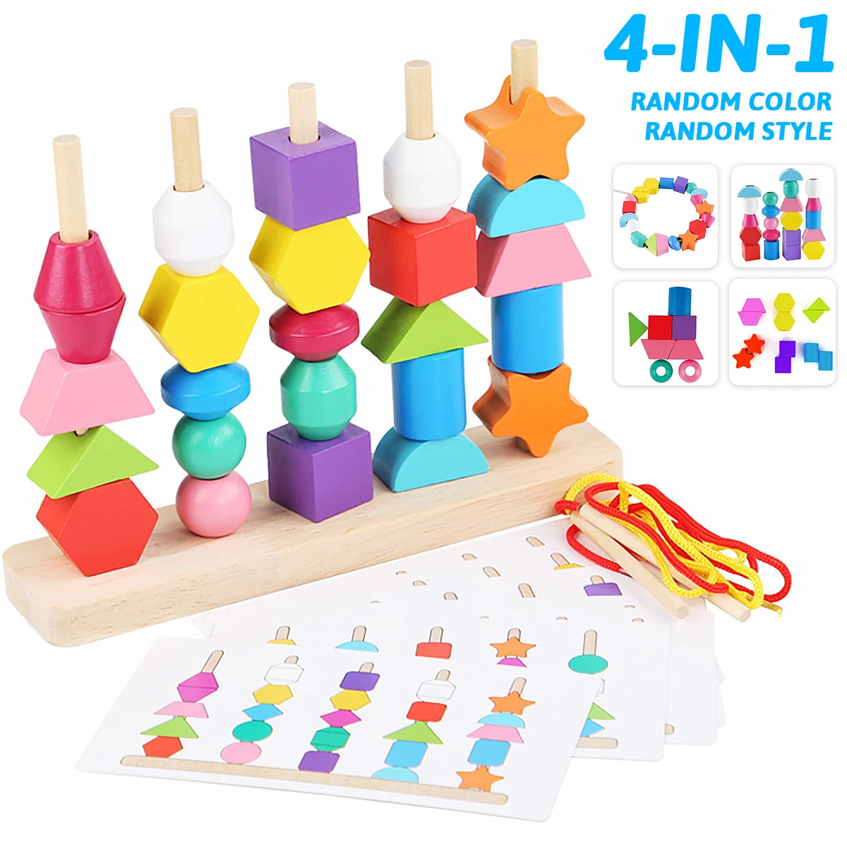 Cuentas de madera Montessori, juguete de secuencia, bloques de apilamiento, cuentas de cordones y apilador de formas a juego, juguetes de aprendizaje Montessori, regalos