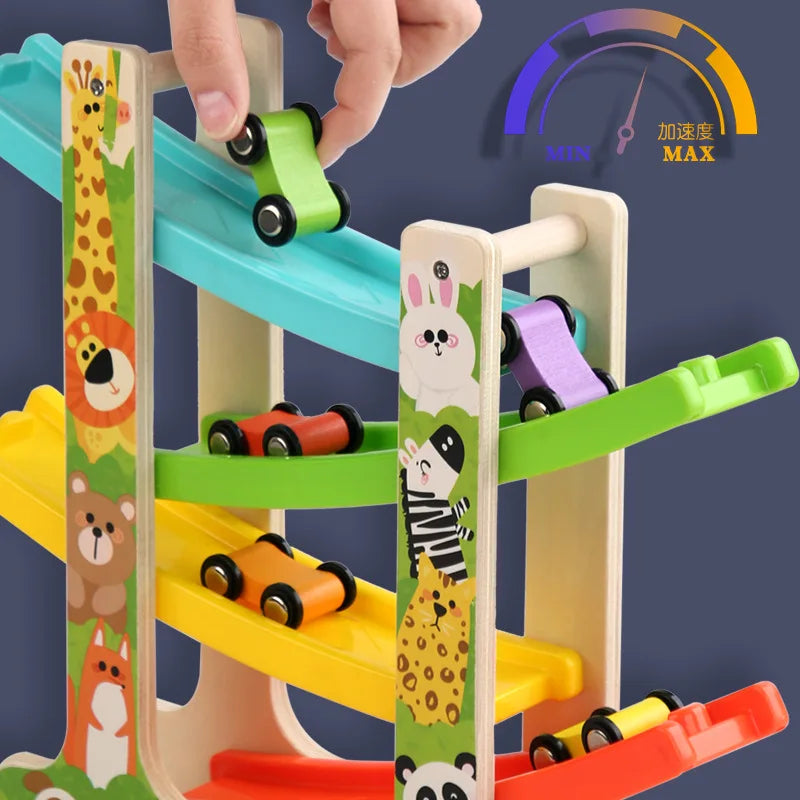 Pista Montessori de Madera con Coches – Juego de Inercia para Motricidad y Atención