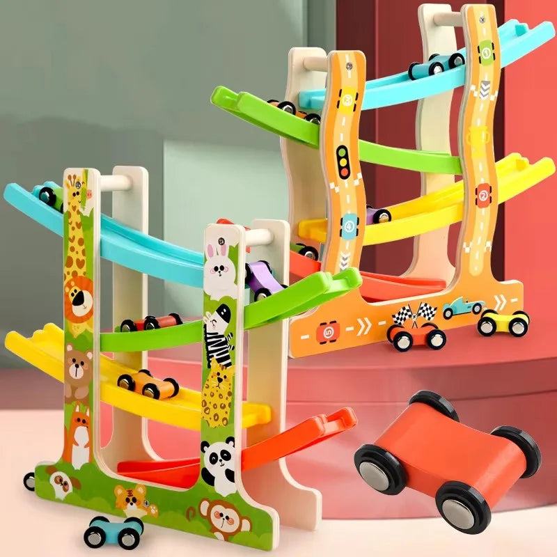 Pista Montessori de Madera con Coches – Juego de Inercia para Motricidad y Atención