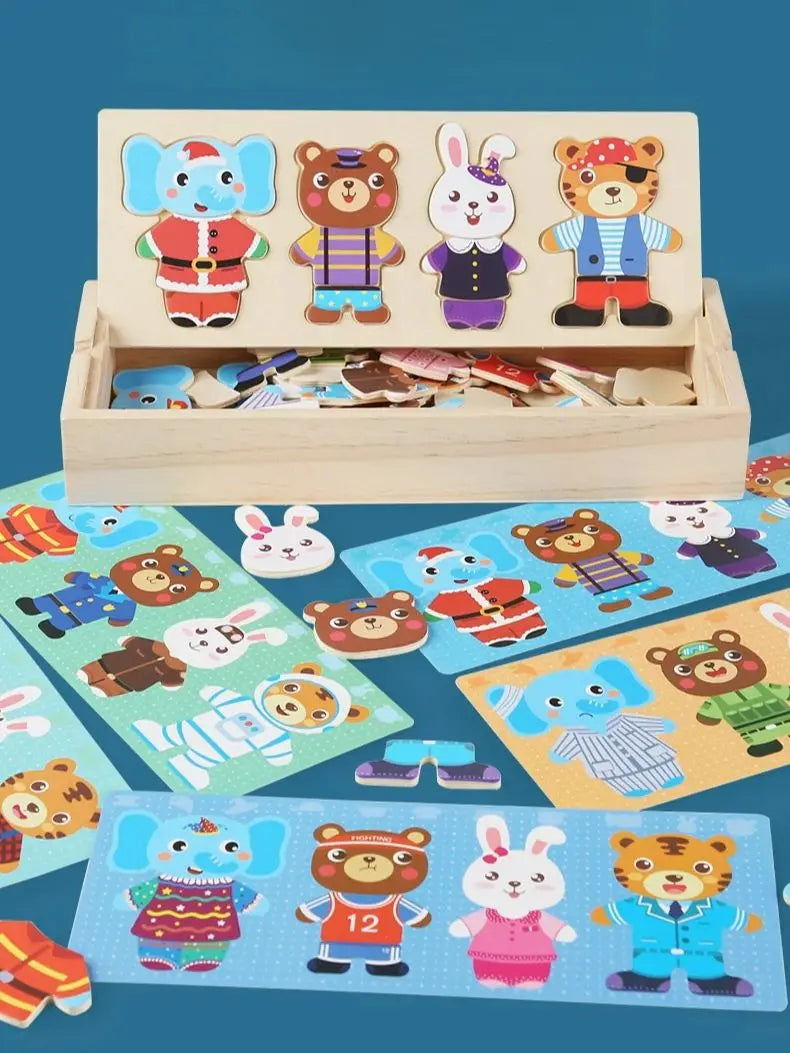 Oso de Madera con Ropa – Juego de Asociación y Expresión Emocional