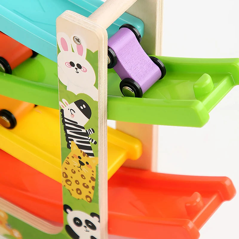 Pista Montessori de Madera con Coches – Juego de Inercia para Motricidad y Atención