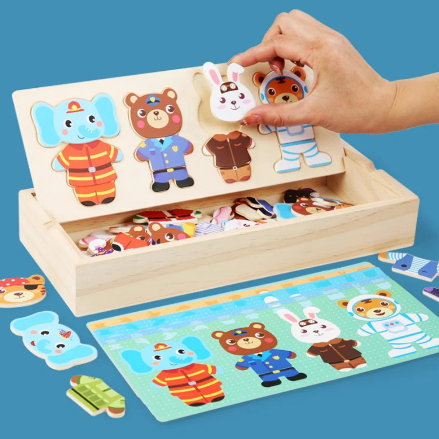 Oso de Madera con Ropa – Juego de Asociación y Expresión Emocional
