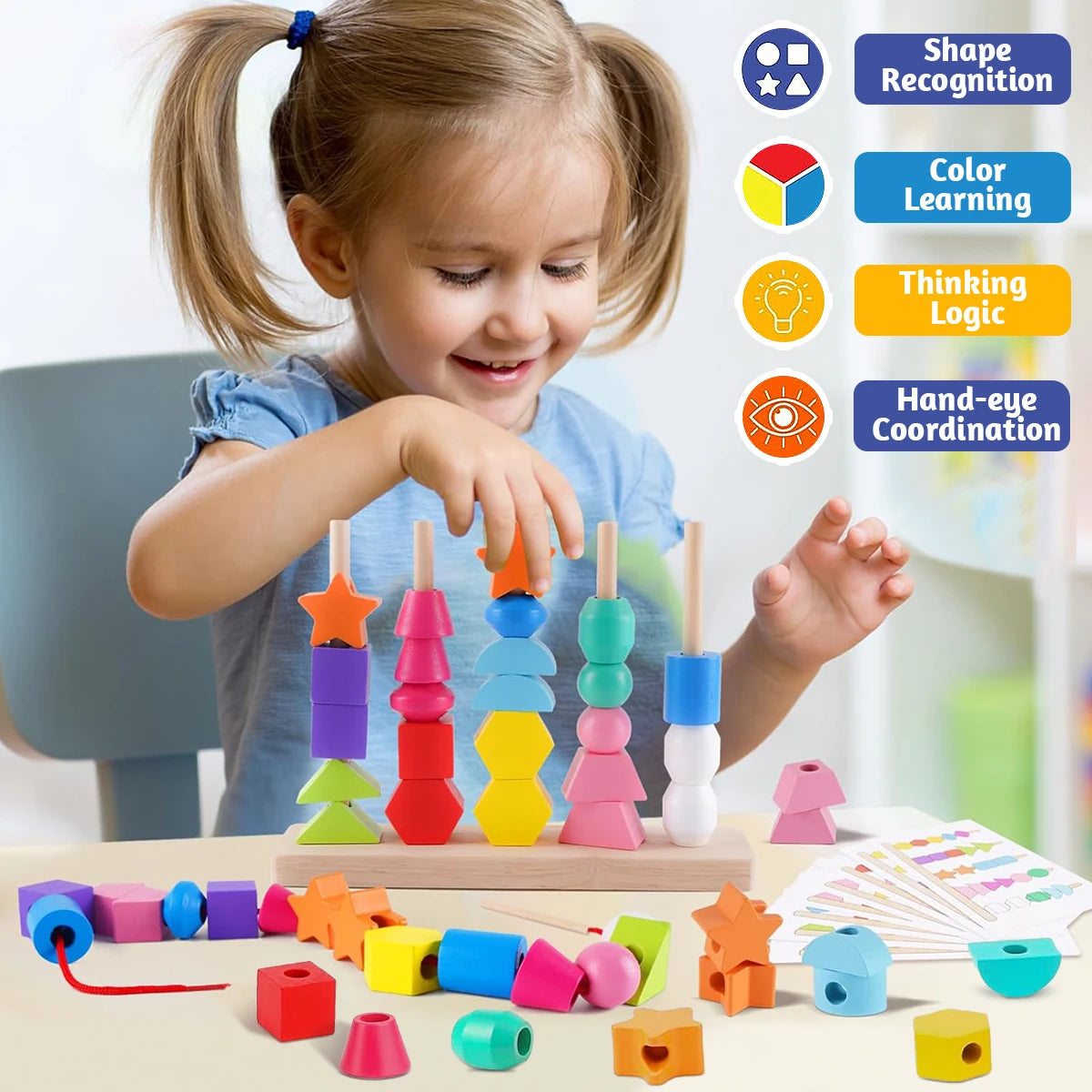 Cuentas de madera Montessori, juguete de secuencia, bloques de apilamiento, cuentas de cordones y apilador de formas a juego, juguetes de aprendizaje Montessori, regalos