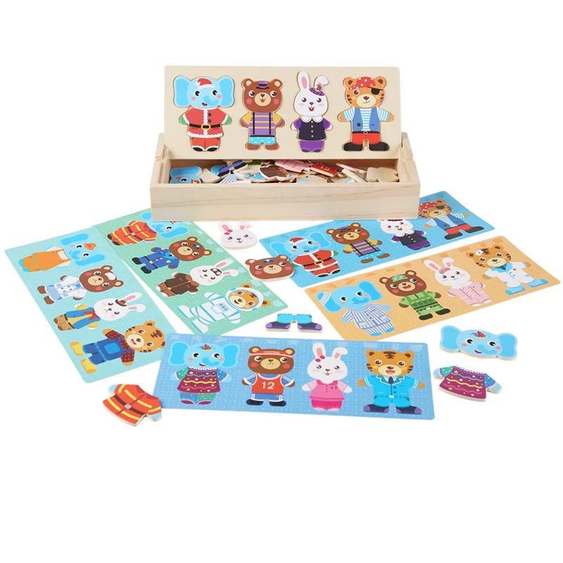 Oso de Madera con Ropa – Juego de Asociación y Expresión Emocional