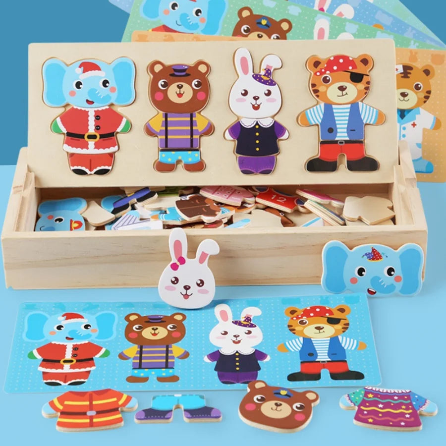 Oso de Madera con Ropa – Juego de Asociación y Expresión Emocional