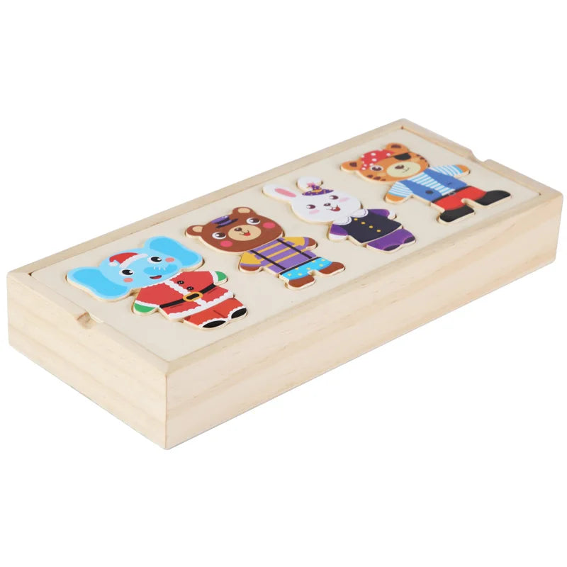 Oso de Madera con Ropa – Juego de Asociación y Expresión Emocional