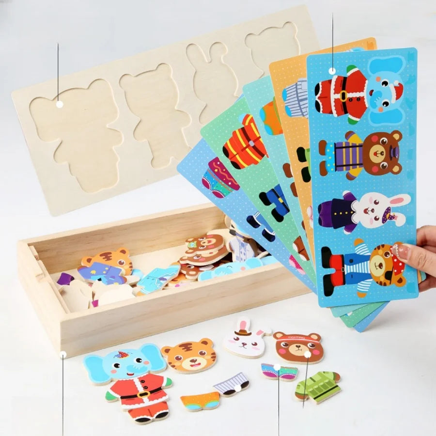 Oso de Madera con Ropa – Juego de Asociación y Expresión Emocional