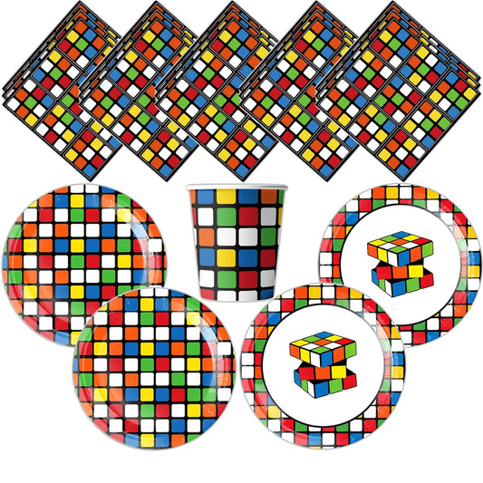Cubo de Rubik, decoración de fiesta de cumpleaños, vajilla desechable, bloque, vajilla, plato de papel, mantel, suministros de baño para bebé para niños