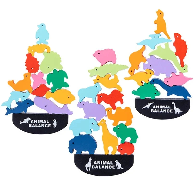 Bloques de equilibrio de animales de madera Montessori para niños, juegos de mesa, juguete educativo de dinosaurio, bloques de construcción altos apilables, juguete de madera para niños