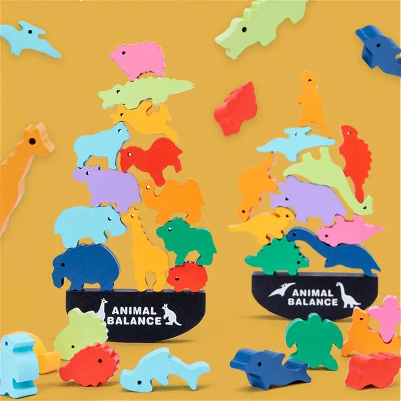 Bloques de equilibrio de animales de madera Montessori para niños, juegos de mesa, juguete educativo de dinosaurio, bloques de construcción altos apilables, juguete de madera para niños