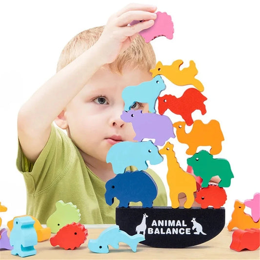 Bloques de equilibrio de animales de madera Montessori para niños, juegos de mesa, juguete educativo de dinosaurio, bloques de construcción altos apilables, juguete de madera para niños