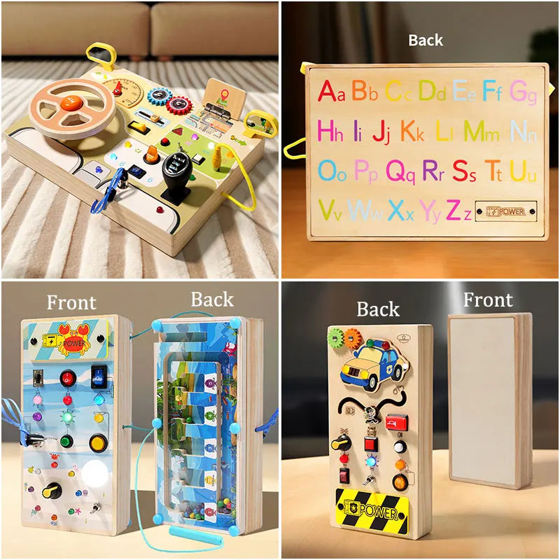 Tablero ocupado Montessori, juguetes para niños, interruptor de luz Led, simula el volante del coche, actividades de viaje, juego sensorial, juguetes educativos