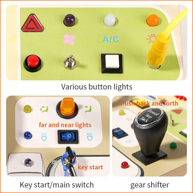 Tablero ocupado Montessori, juguetes para niños, interruptor de luz Led, simula el volante del coche, actividades de viaje, juego sensorial, juguetes educativos
