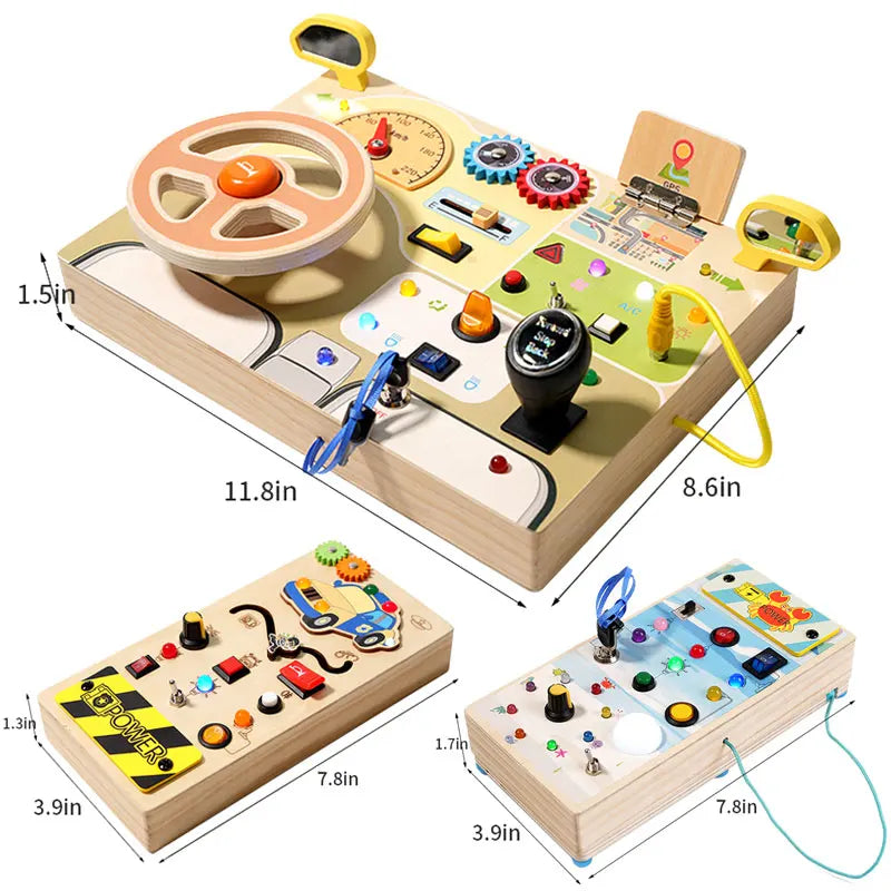 Tablero ocupado Montessori, juguetes para niños, interruptor de luz Led, simula el volante del coche, actividades de viaje, juego sensorial, juguetes educativos