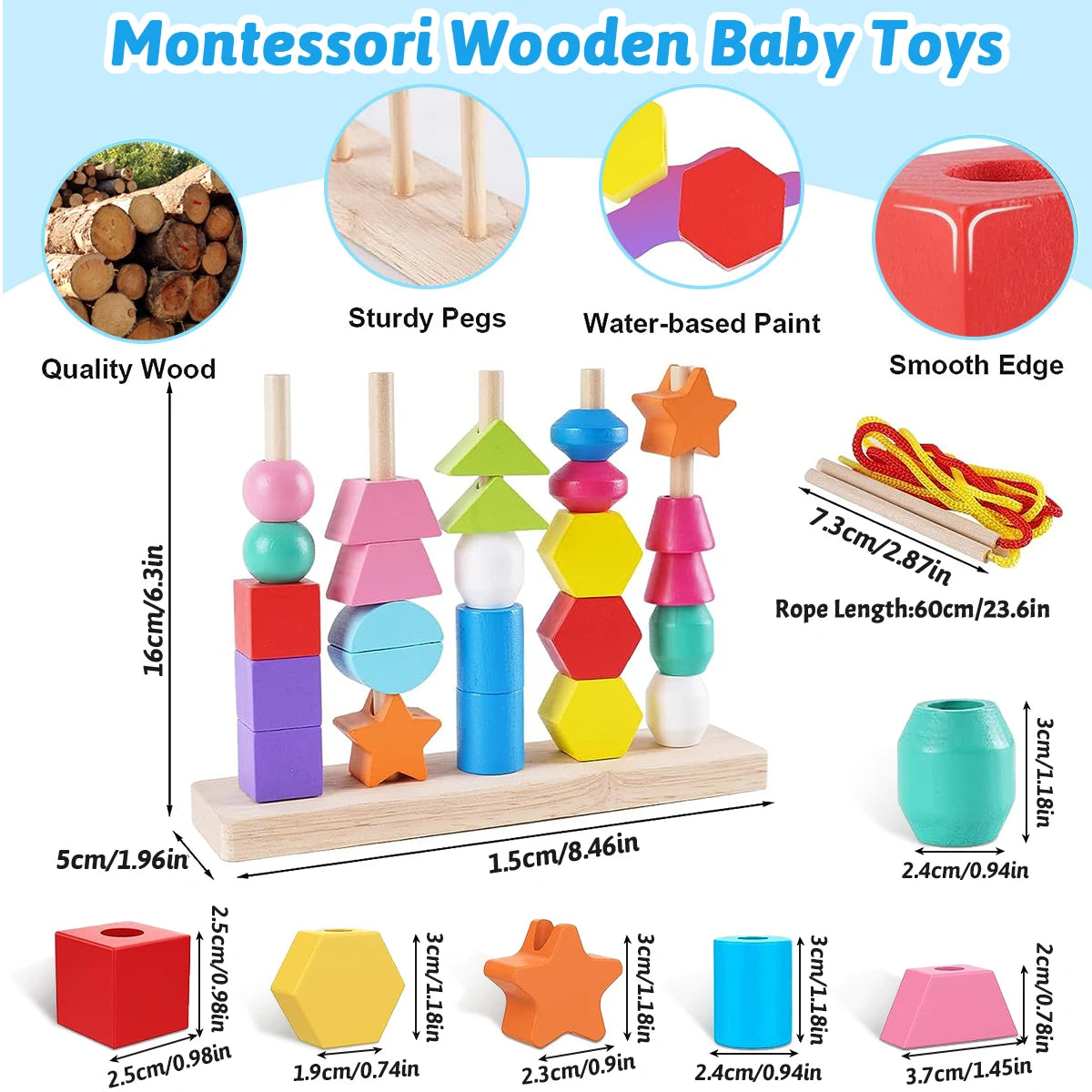 Cuentas de madera Montessori, juguete de secuencia, bloques de apilamiento, cuentas de cordones y apilador de formas a juego, juguetes de aprendizaje Montessori, regalos