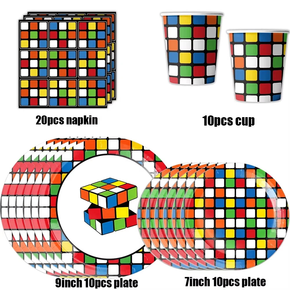 Cubo de Rubik, decoración de fiesta de cumpleaños, vajilla desechable, bloque, vajilla, plato de papel, mantel, suministros de baño para bebé para niños