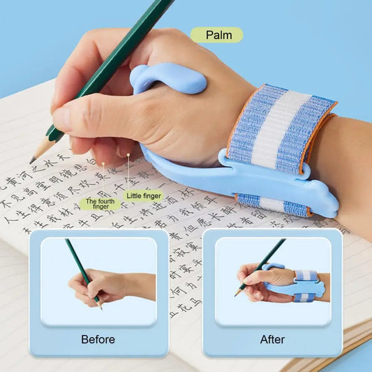 Portalápices de diseño ergonómico, Corrector de pluma ergonómico, correa ajustable para la muñeca, empuñaduras para los dedos, Escritura para niños