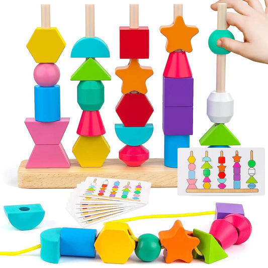 Cuentas de madera Montessori, juguete de secuencia, bloques de apilamiento, cuentas de cordones y apilador de formas a juego, juguetes de aprendizaje Montessori, regalos