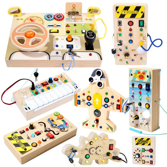 Tablero ocupado Montessori, juguetes para niños, interruptor de luz Led, simula el volante del coche, actividades de viaje, juego sensorial, juguetes educativos