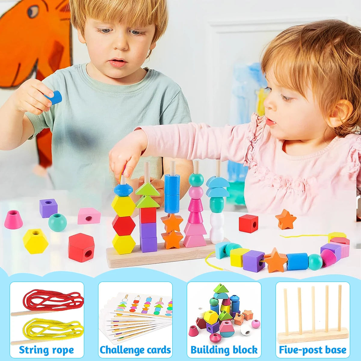 Cuentas de madera Montessori, juguete de secuencia, bloques de apilamiento, cuentas de cordones y apilador de formas a juego, juguetes de aprendizaje Montessori, regalos