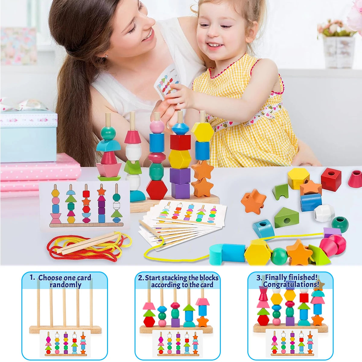 Cuentas de madera Montessori, juguete de secuencia, bloques de apilamiento, cuentas de cordones y apilador de formas a juego, juguetes de aprendizaje Montessori, regalos