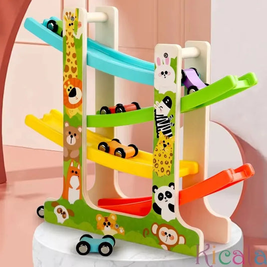 Pista Montessori de Madera con Coches – Juego de Inercia para Motricidad y Atención