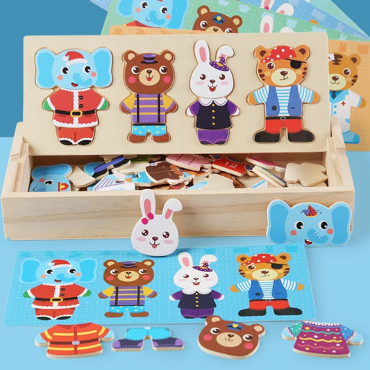 Oso de madera, ropa cambiante, ropa cambiante de animales, rompecabezas para niños y niñas de guardería, rompecabezas querido, rompecabezas para niños