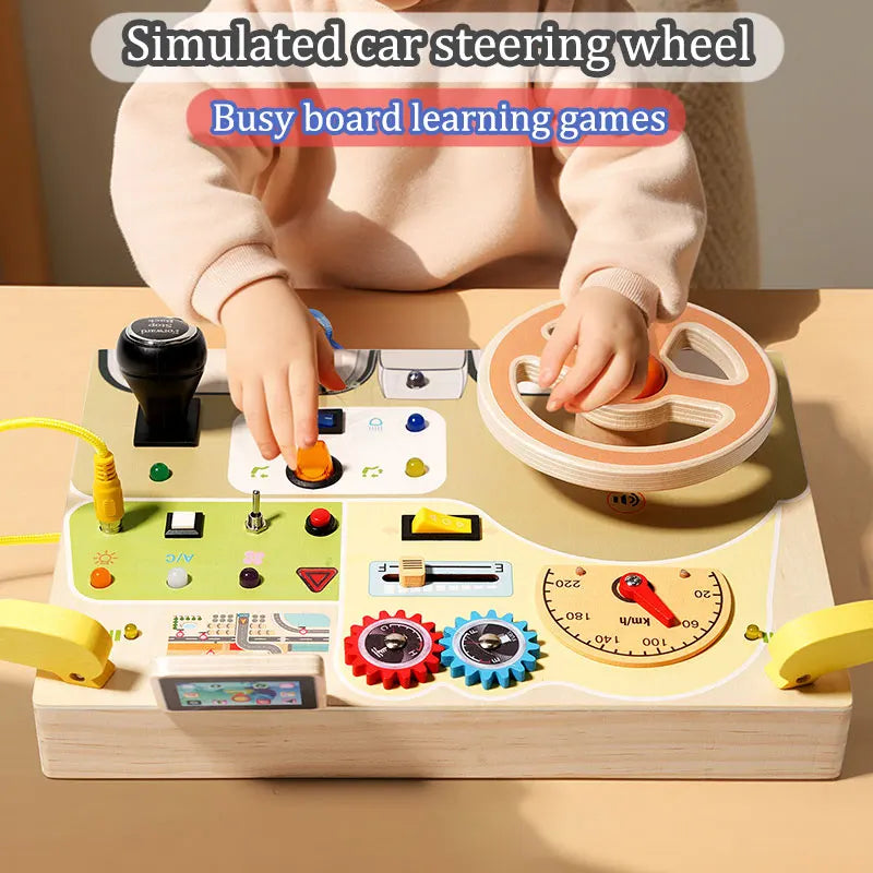 Tablero ocupado Montessori, juguetes para niños, interruptor de luz Led, simula el volante del coche, actividades de viaje, juego sensorial, juguetes educativos