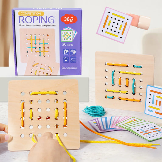 Tablero de cuerda de madera Montessori, bloque de matriz de materiales manipulativos, juguetes educativos gráficos con tarjetas de 20 piezas y cuerda de 6 piezas